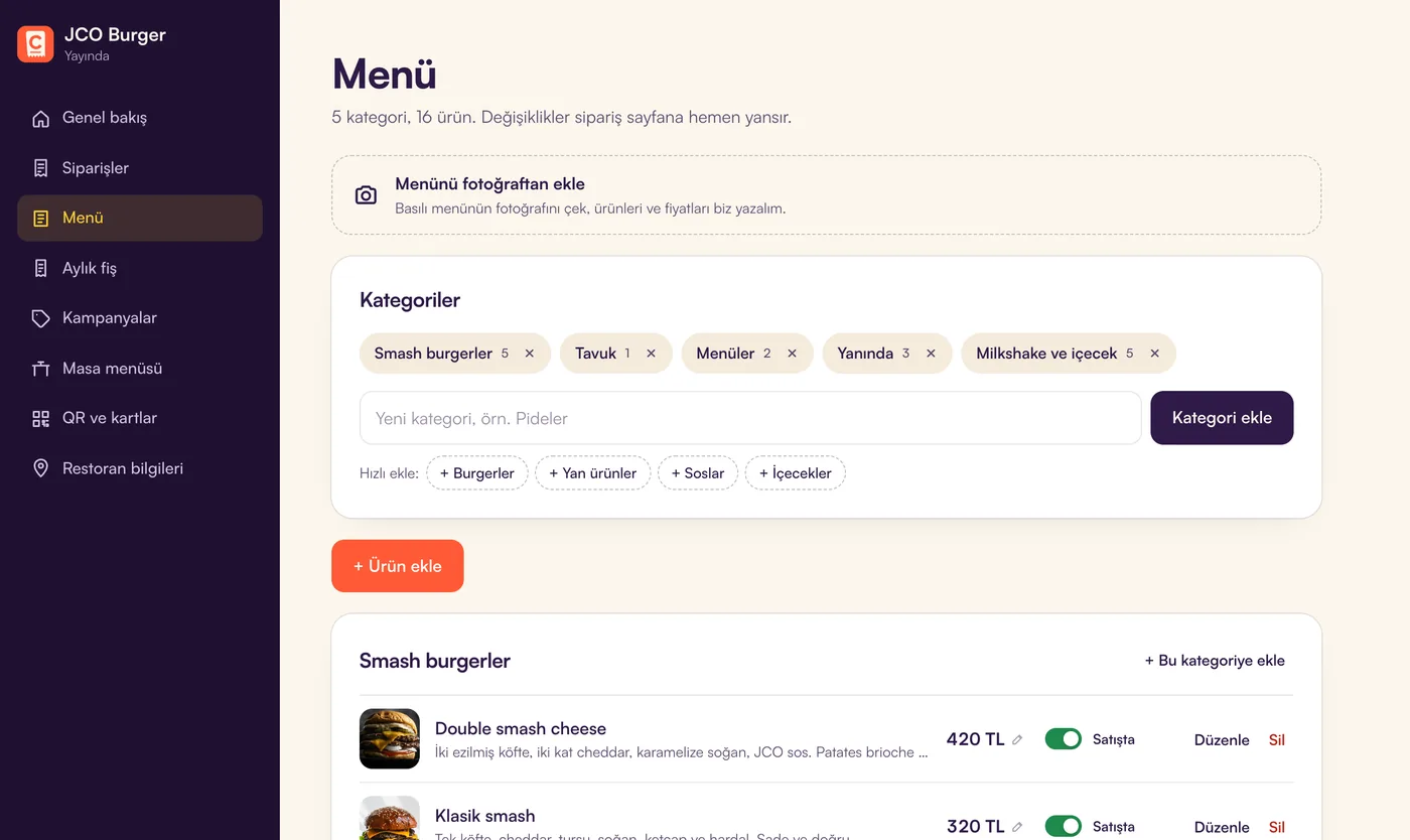 İşletme panelinde menü düzenleme ekranı