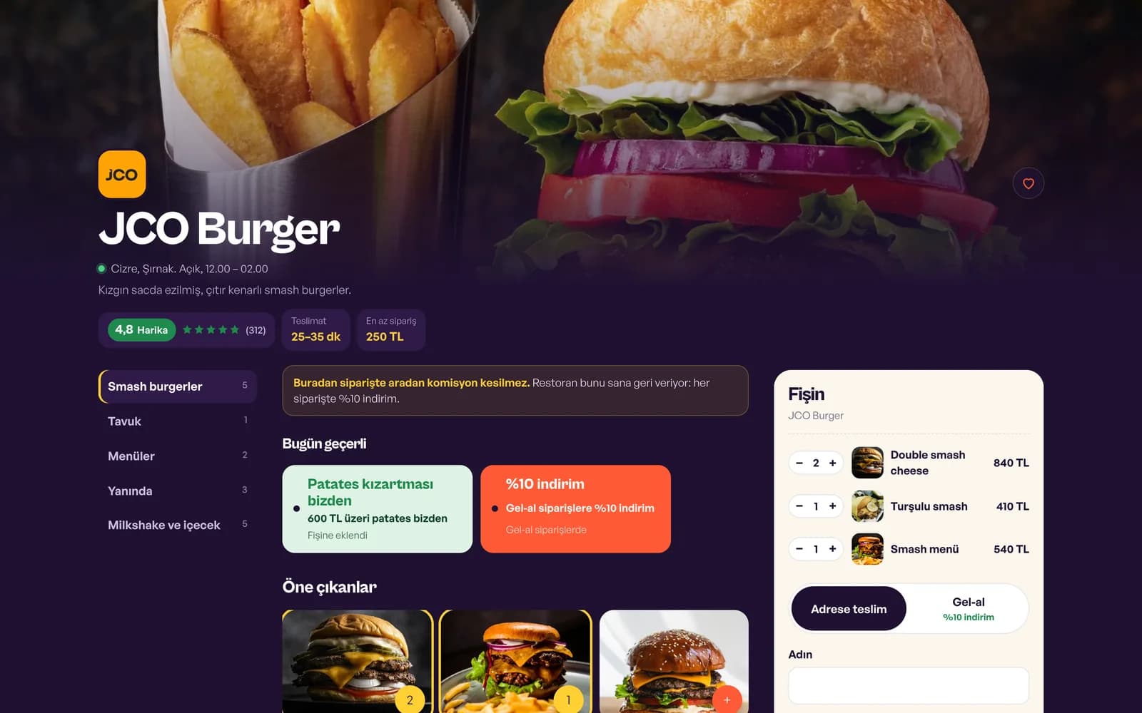 Bilgisayarda açık örnek restoran sipariş sayfası