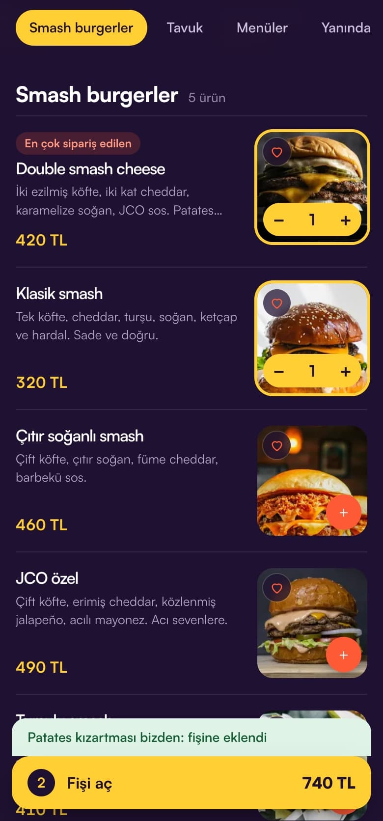 Örnek restoran sipariş sayfası