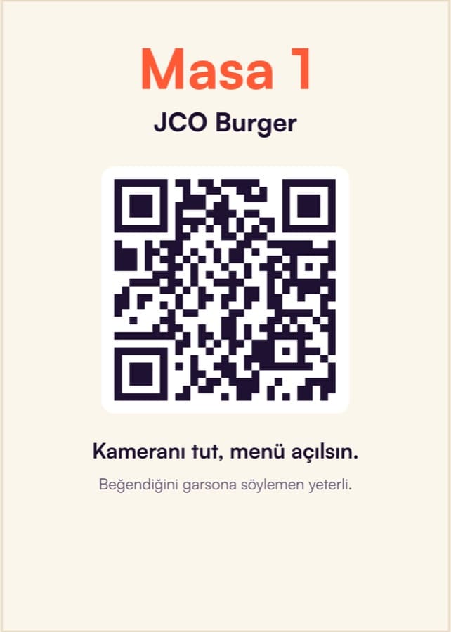 Masa 1 yazılı QR masa kartı