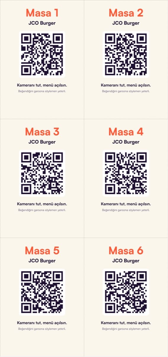 A4 sayfada numaralı QR masa kartları