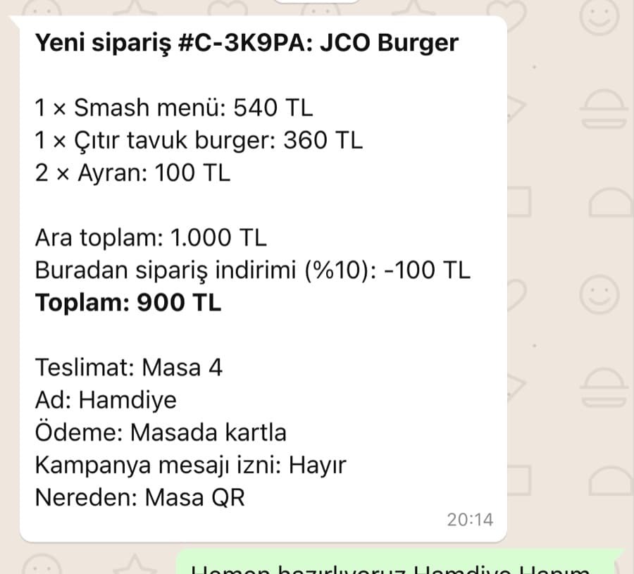 WhatsApp’a masa numarasıyla düşen sipariş
