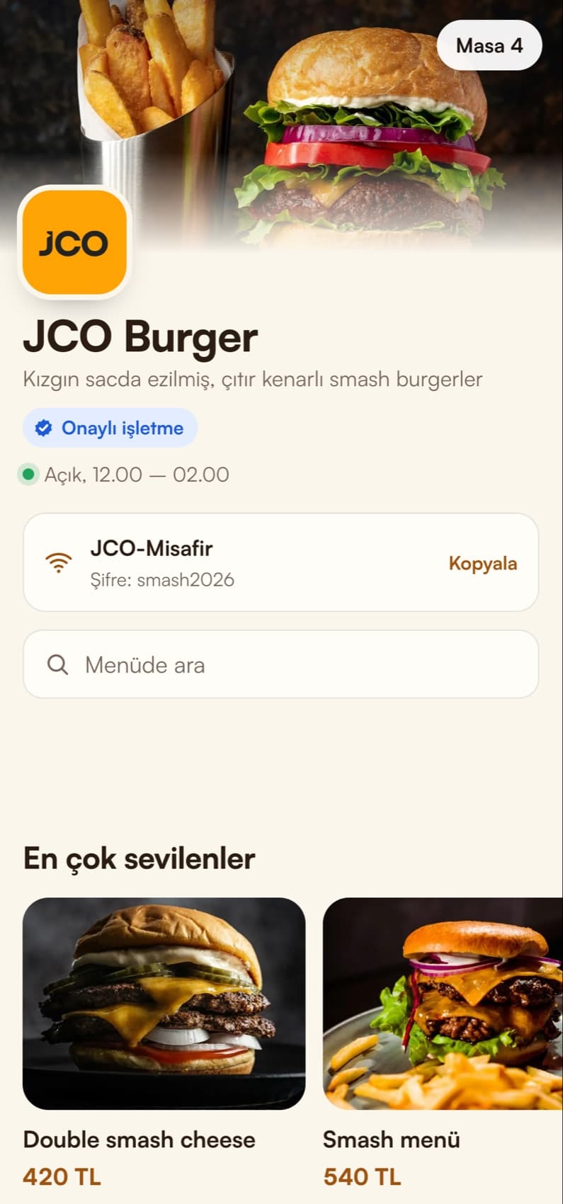 Telefonda açılan QR masa menüsü