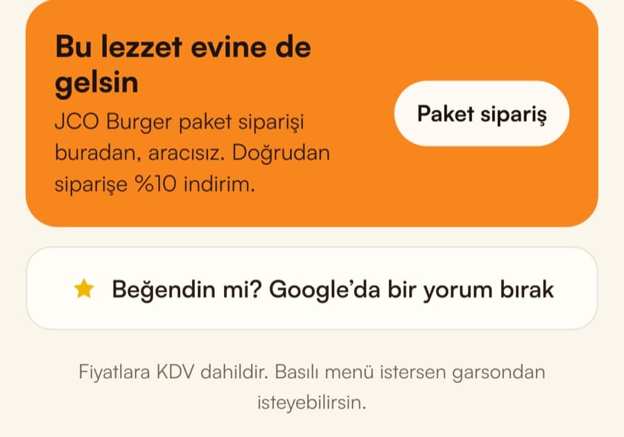 QR menünün sonunda Google yorum ve paket sipariş düğmesi