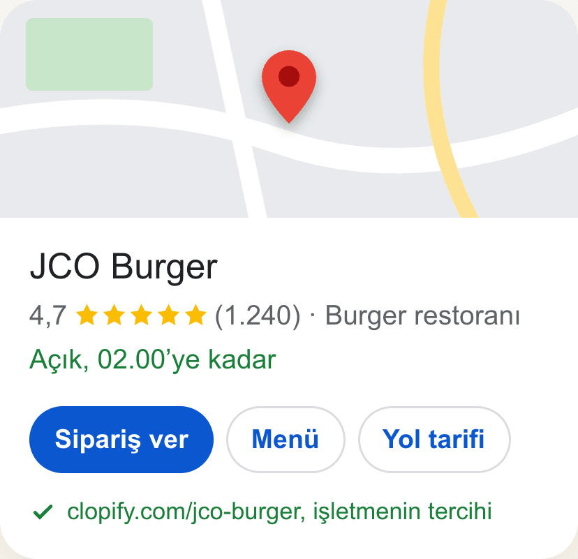 Google Haritalar’da restoran kartında Sipariş ver, Menü ve Yol tarifi düğmeleri